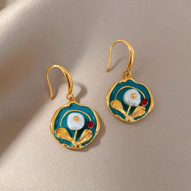 14K Gold-Plated Oil Painting Pearl Flower Ear Hook Earrings