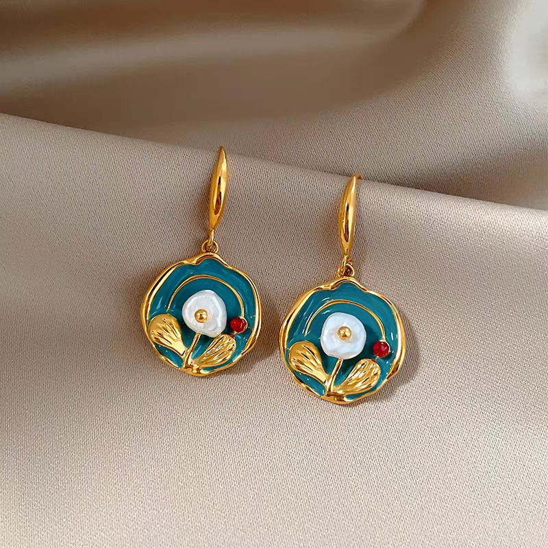 14K Gold-Plated Oil Painting Pearl Flower Ear Hook Earrings