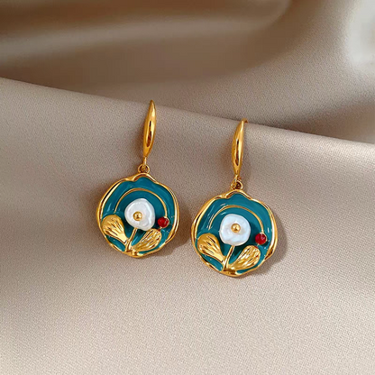 14K Gold-Plated Oil Painting Pearl Flower Ear Hook Earrings