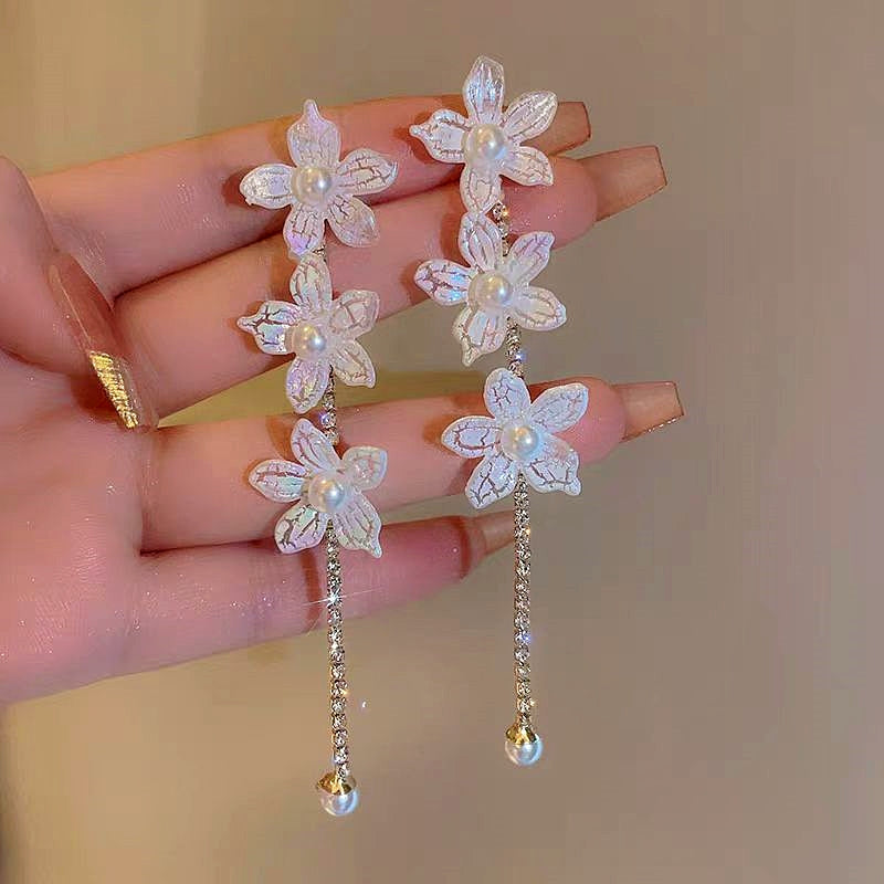 14K Gold-Plated Pearl Flower Tassel Earrings