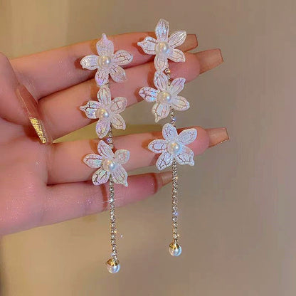 14K Gold-Plated Pearl Flower Tassel Earrings