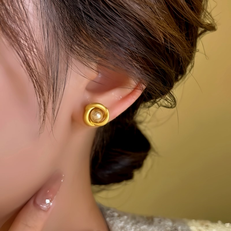 14K Gold-Plated Pearl Frosted Swirl Bead Stud Earrings