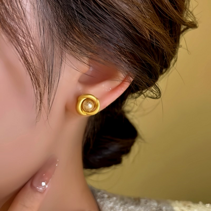 14K Gold-Plated Pearl Frosted Swirl Bead Stud Earrings