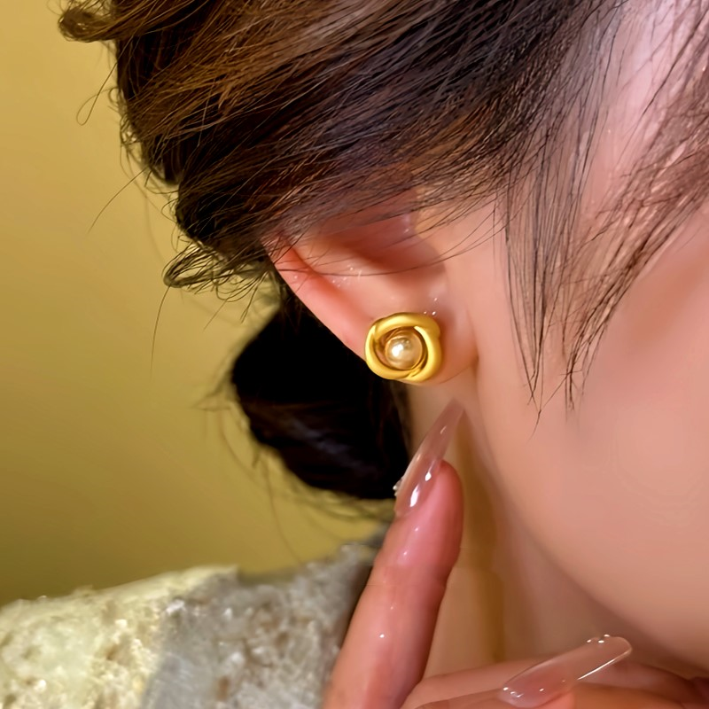 14K Gold-Plated Pearl Frosted Swirl Bead Stud Earrings