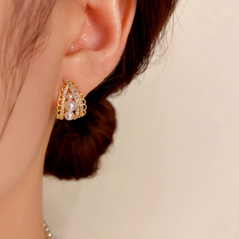 14K Gold-Plated Pearl Zircon Lace Drop Earrings