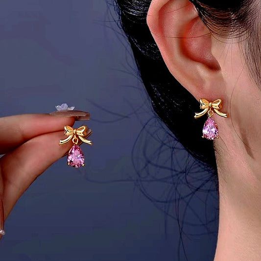 14K Gold-Plated Pink Bow Drop Zircon Earrings