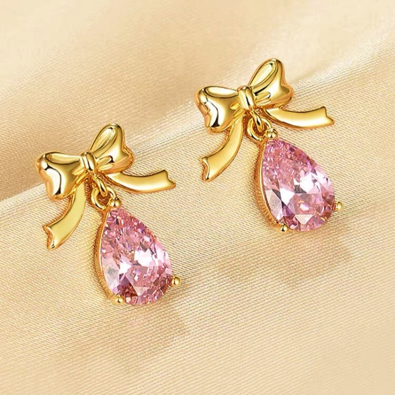 14K Gold-Plated Pink Bow Drop Zircon Earrings