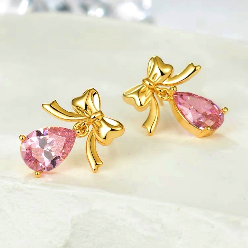 14K Gold-Plated Pink Bow Drop Zircon Earrings