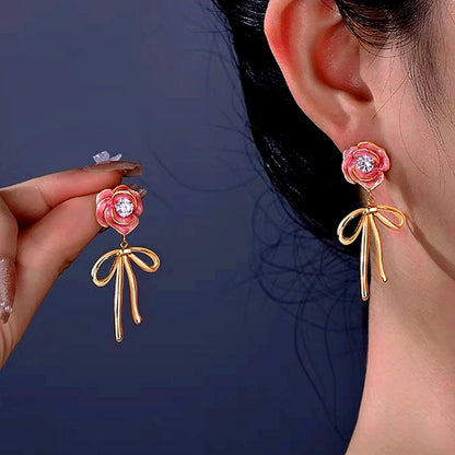14K Gold-Plated Pink Enamel Drip Glaze Camellia Bow Diamond Earrings