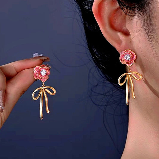 14K Gold-Plated Pink Enamel Drip Glaze Camellia Bow Diamond Earrings