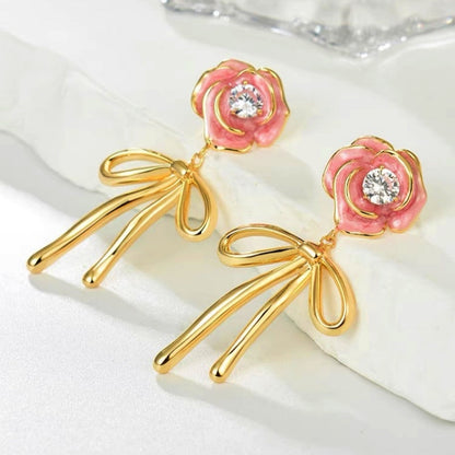 14K Gold-Plated Pink Enamel Drip Glaze Camellia Bow Diamond Earrings