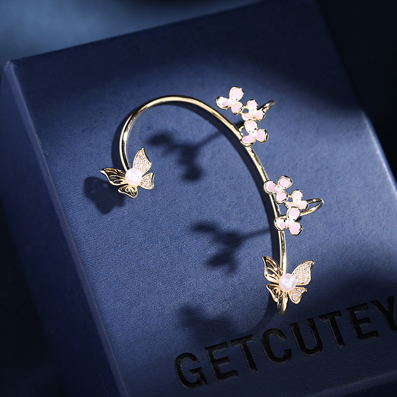 14K Gold-Plated Pink Flower And Butterflyl Ear Cuffs