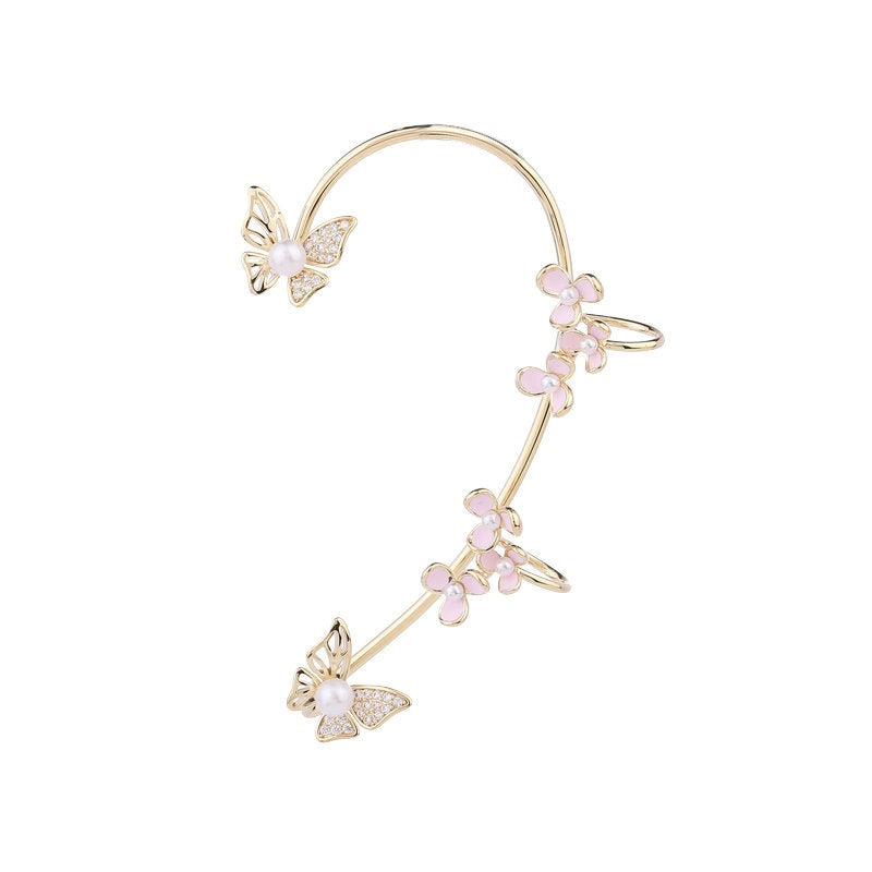 14K Gold-Plated Pink Flower And Butterflyl Ear Cuffs