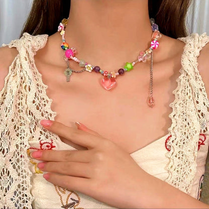 14K Gold-Plated Pink Heart Colorful Beaded Necklaces