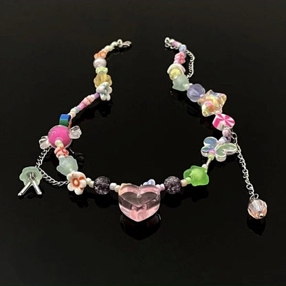 14K Gold-Plated Pink Heart Colorful Beaded Necklaces