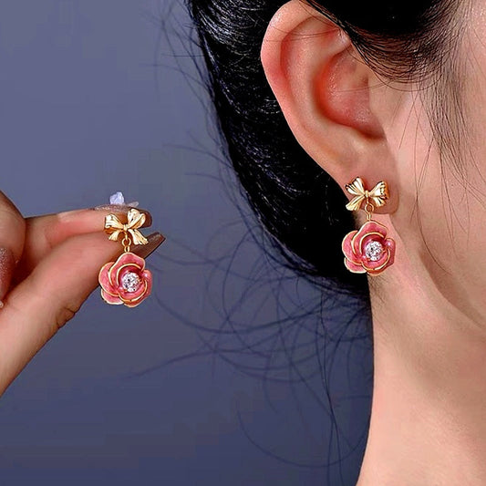 14K Gold-Plated Pink Pand-Painted Camellia Bow Earrings