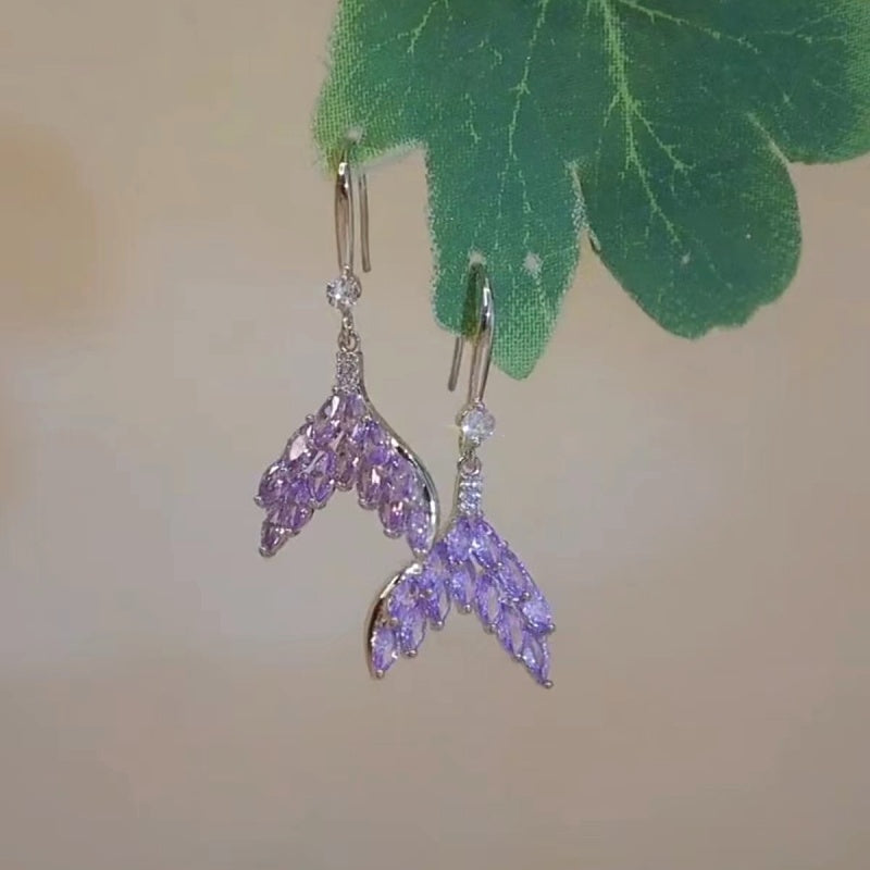 14K Gold-Plated Purple Diamond Fishtail Ear Hook Earrings