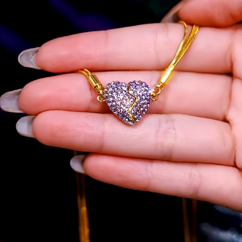 14K Gold-Plated Purple Diamond Magnetic Heart Necklaces