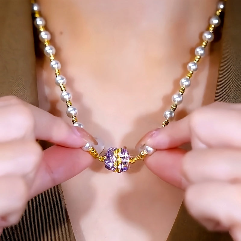 14K Gold-Plated Purple Diamond Magnetic Pearl Necklaces