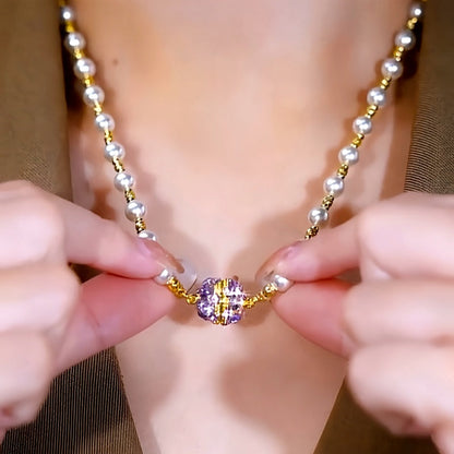 14K Gold-Plated Purple Diamond Magnetic Pearl Necklaces