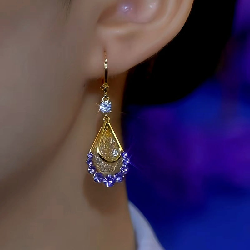 14K Gold-Plated Purple Diamond Mesh Water Drop Earrings