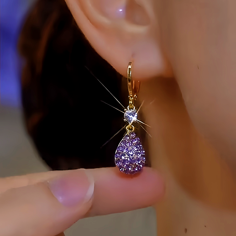14K Gold-Plated Purple Diamond Water Drop Earrings