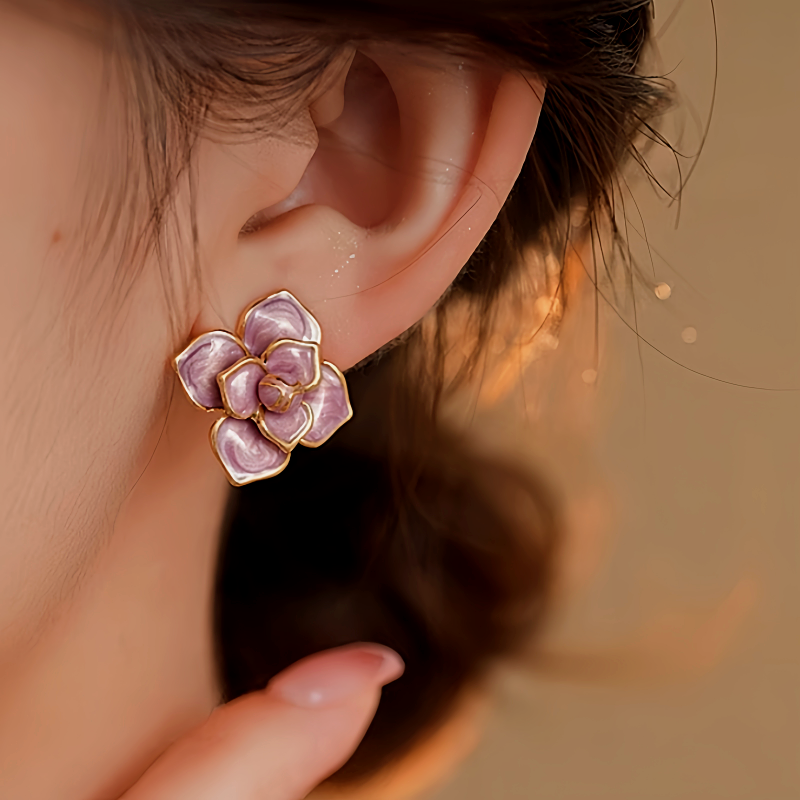 14K Gold-Plated Purple Oil-Drop Flower Stud Earrings
