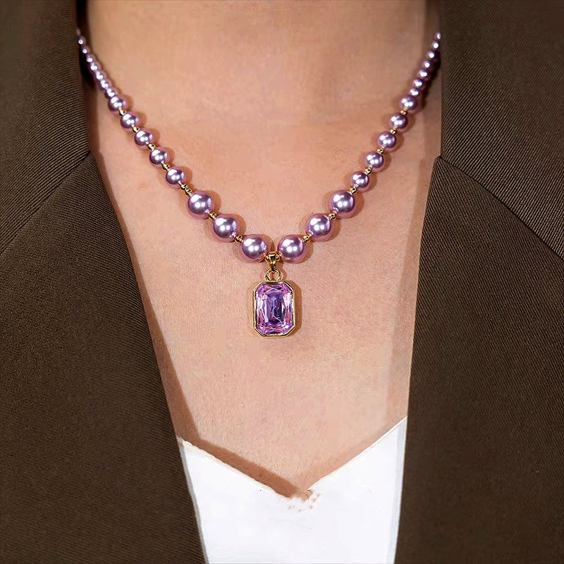 14K Gold-Plated Purple Zircon Diamond Pearl Necklace