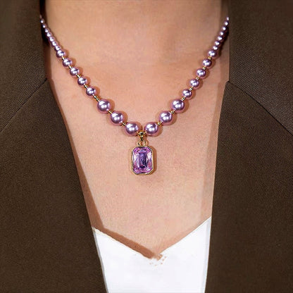 14K Gold-Plated Purple Zircon Diamond Pearl Necklace