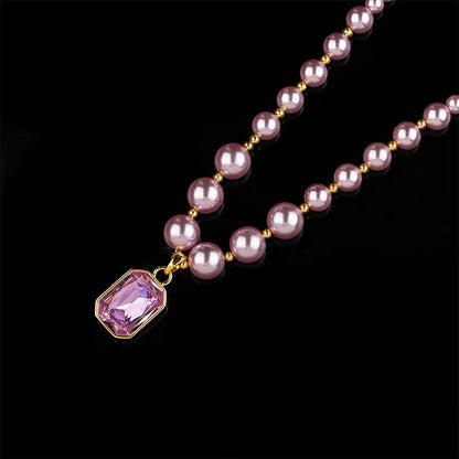 14K Gold-Plated Purple Zircon Diamond Pearl Necklace