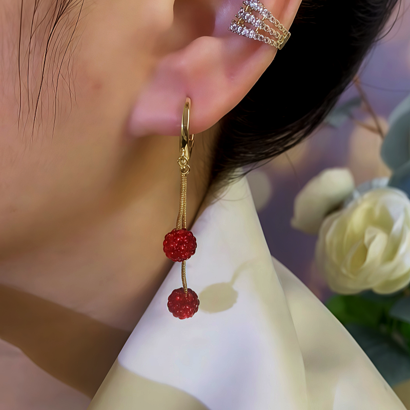 14K Gold-Plated Red Diamond Ball Tassel Earrings