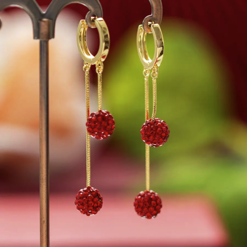 14K Gold-Plated Red Diamond Ball Tassel Earrings