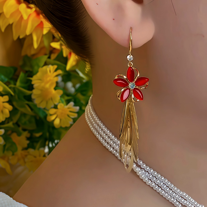 14K Gold-Plated Red Flower Tassel Earrings