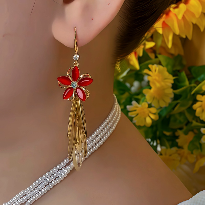 14K Gold-Plated Red Flower Tassel Earrings
