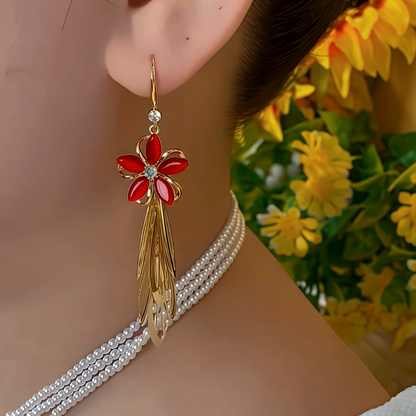 14K Gold-Plated Red Flower Tassel Earrings