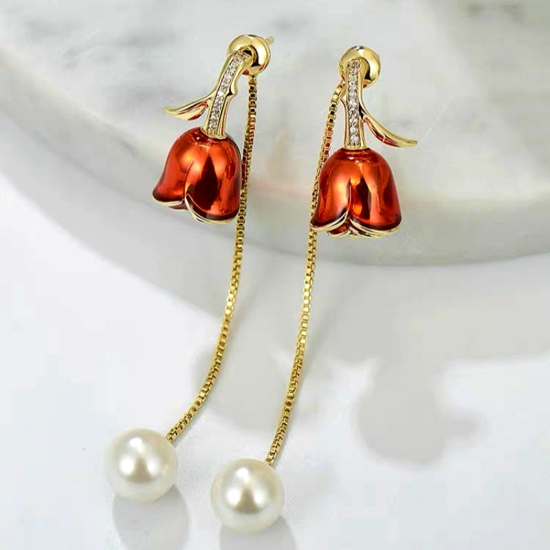 14K Gold-Plated Red Rose Pearl Tassel Earrings