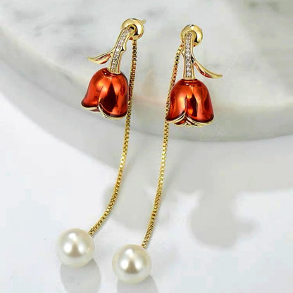 14K Gold-Plated Red Rose Pearl Tassel Earrings