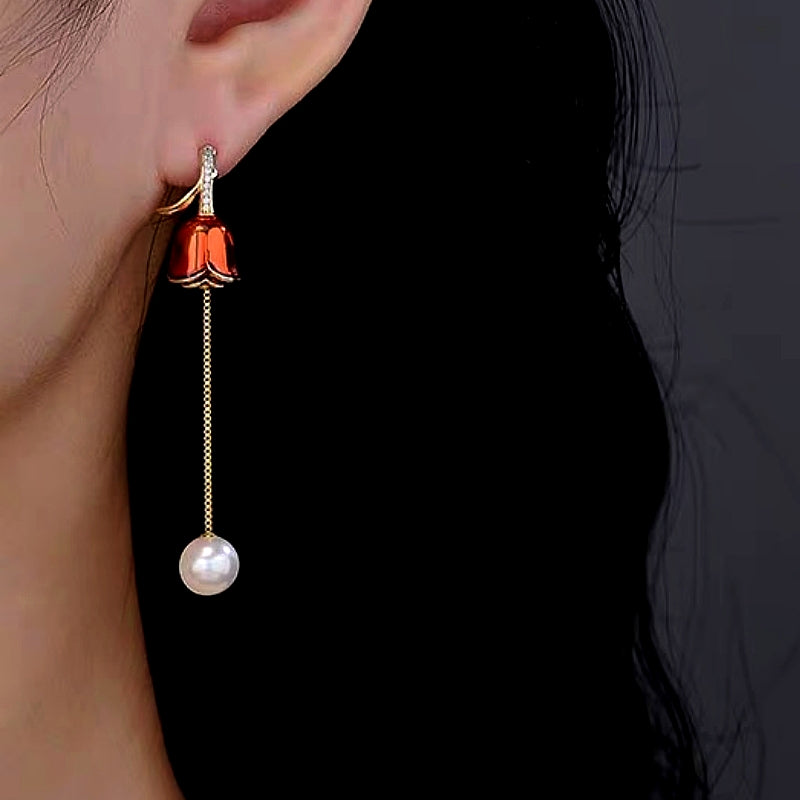 14K Gold-Plated Red Rose Pearl Tassel Earrings