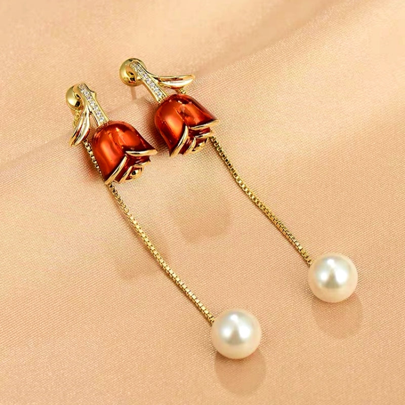 14K Gold-Plated Red Rose Pearl Tassel Earrings