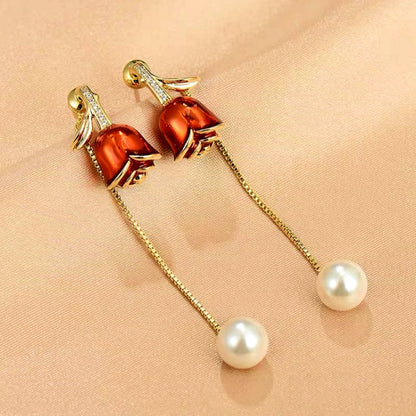 14K Gold-Plated Red Rose Pearl Tassel Earrings