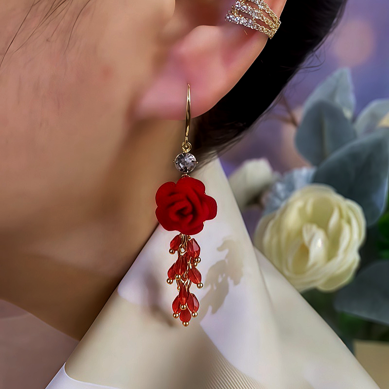 14K Gold-Plated Red Rose Tassel Ear Hooks