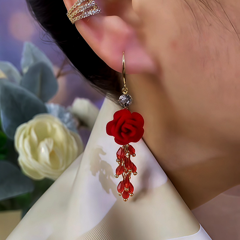 14K Gold-Plated Red Rose Tassel Ear Hooks