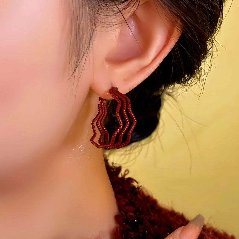 14K Gold-Plated Red Wavy Three-Layer Hoop Earrings