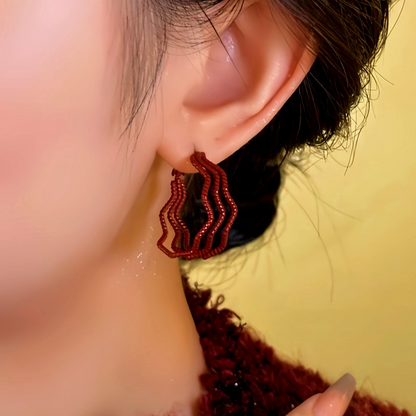 14K Gold-Plated Red Wavy Three-Layer Hoop Earrings