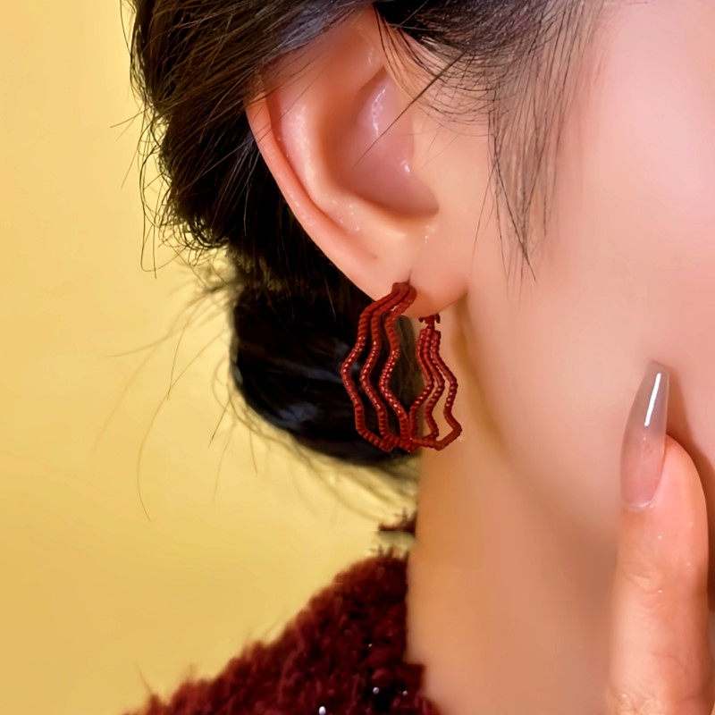 14K Gold-Plated Red Wavy Three-Layer Hoop Earrings
