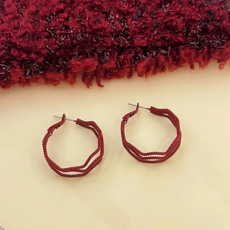 14K Gold-Plated Red Wavy Three-Layer Hoop Earrings