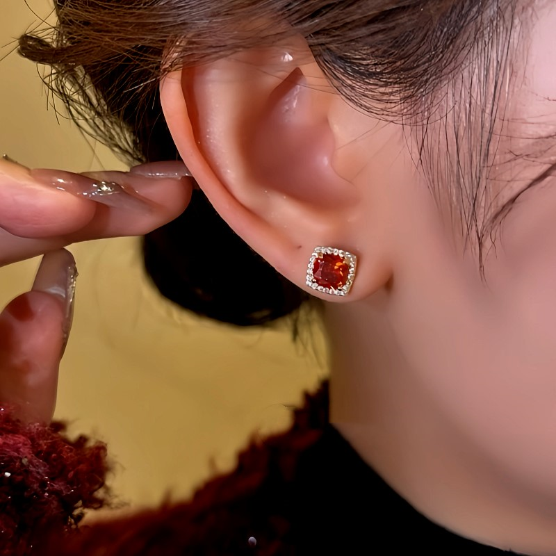 14K Gold-Plated Red Zircon Stud Earrings