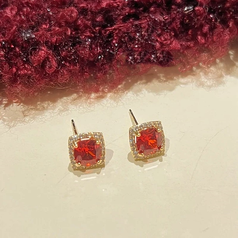14K Gold-Plated Red Zircon Stud Earrings