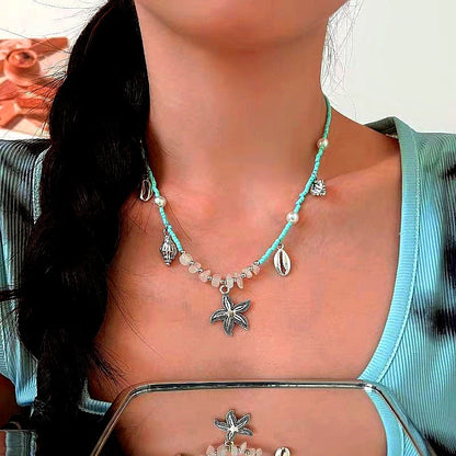 14K Gold-Plated Rhinestone Conch Starfish Pendant Necklaces
