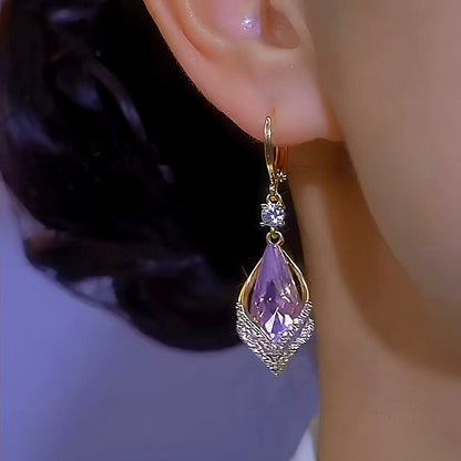 14K Gold-Plated Rhombus Purple Crystal Earrings